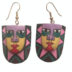 🎭 Bold Handmade Mask Earrings — Mardi Gras Magic! 🪄🧞‍♀️ 💜💚💛